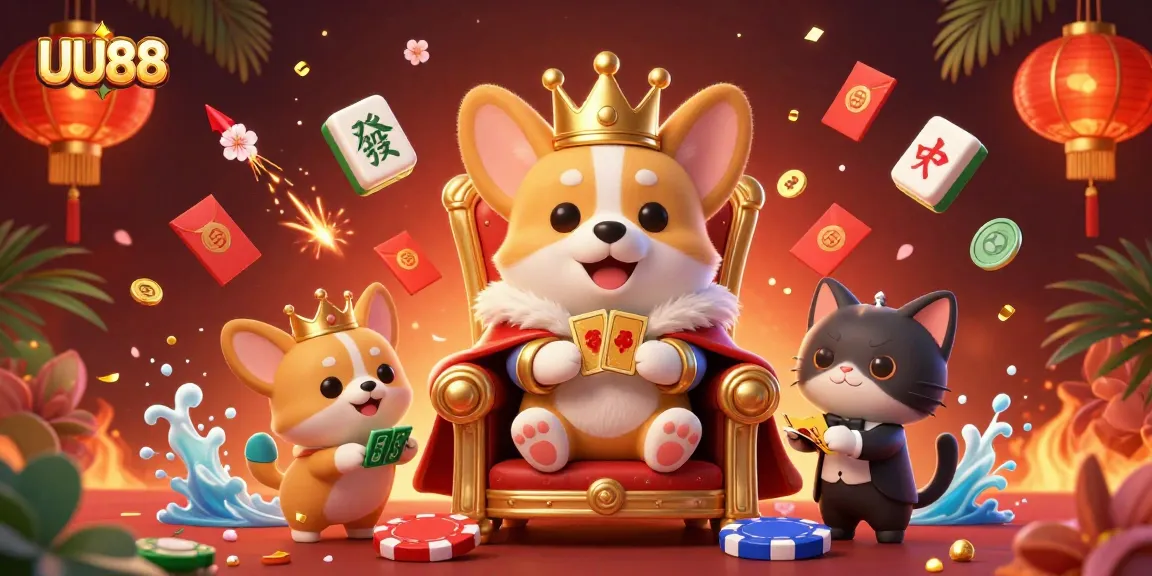 Engage with UU88's vibrant casino scene featuring a royal corgi throne amidst dynamic gold and jewel elements.