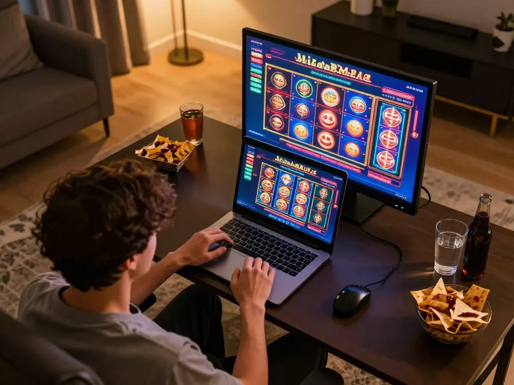 Player enjoying the rr88 wales online slot games on a laptop in a cozy home setting.
