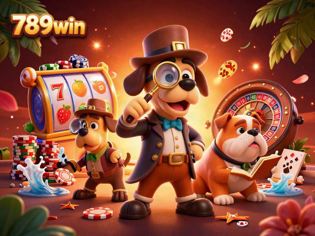 Experience the thrill of 789win as the detective uncovers poker clues amid vibrant casino elements.