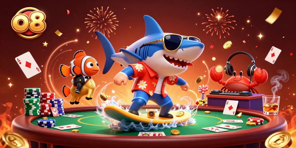 Join the thrilling world of o8 with a vibrant 3D illustration featuring a shark surfing on gold coins.