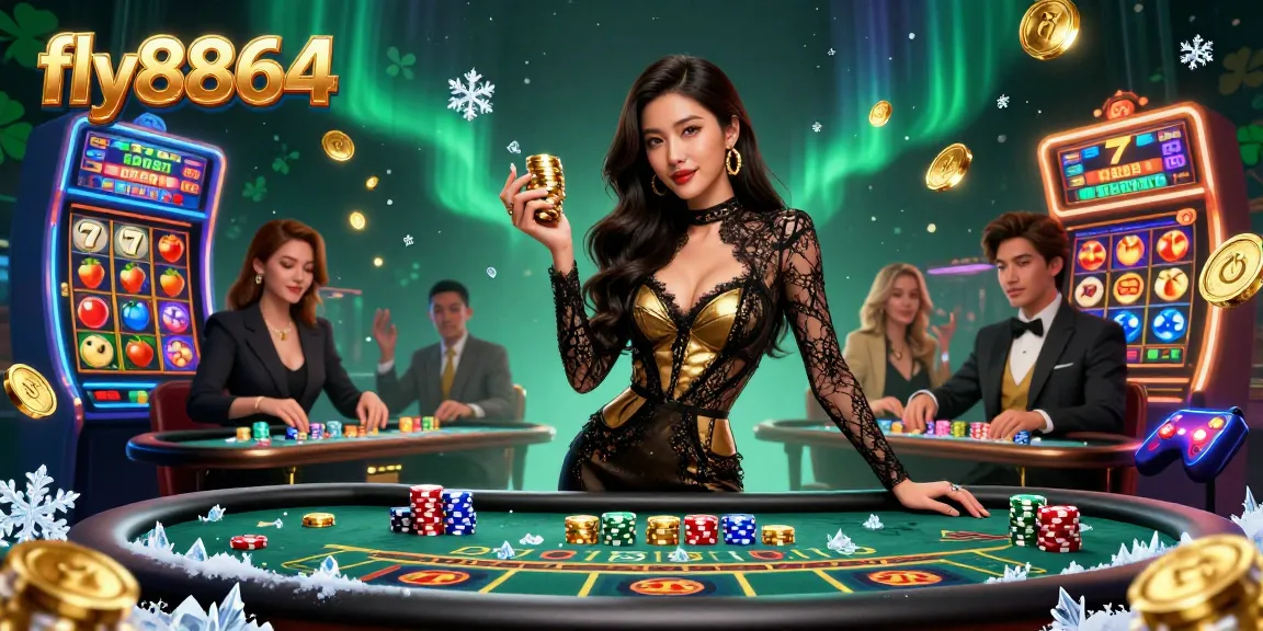 Engage in thrilling casino action with fly8864, showcasing a glamorous baccarat setting and dynamic game elements.