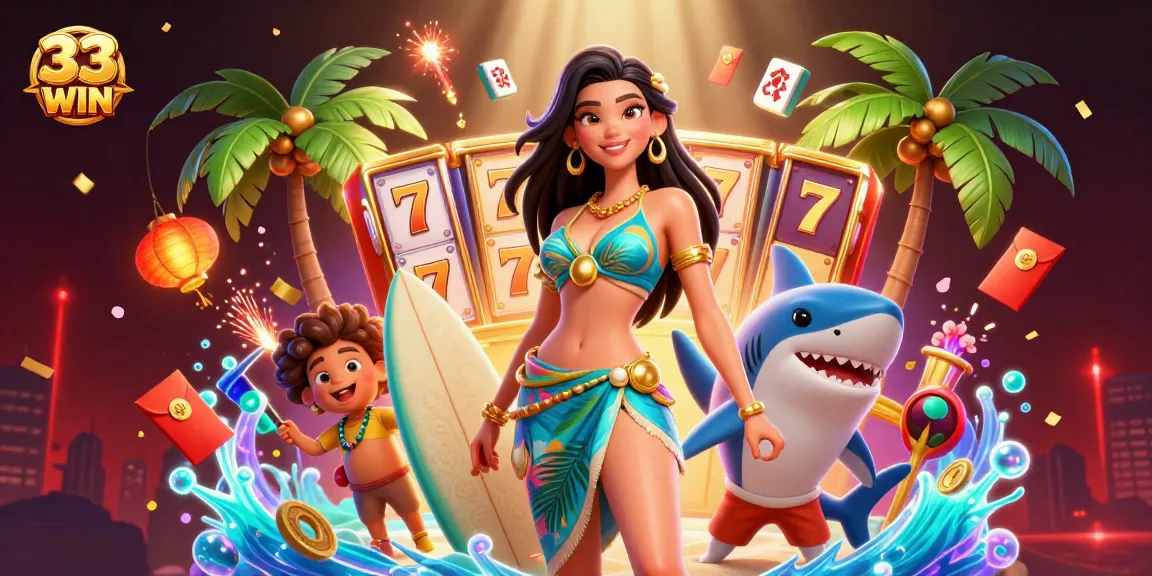Experience the thrill of 33 WIN with vibrant slot reels and wave-catching characters.