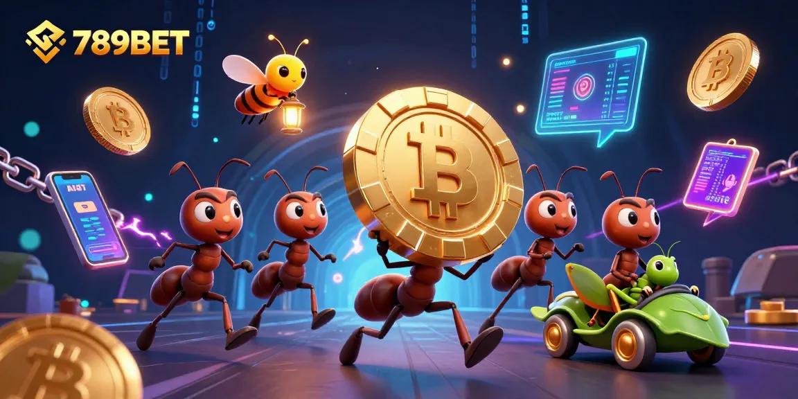 Experience thrilling heists with 789BET's cartoon ants carrying giant poker chips in an electrifying casino landscape.