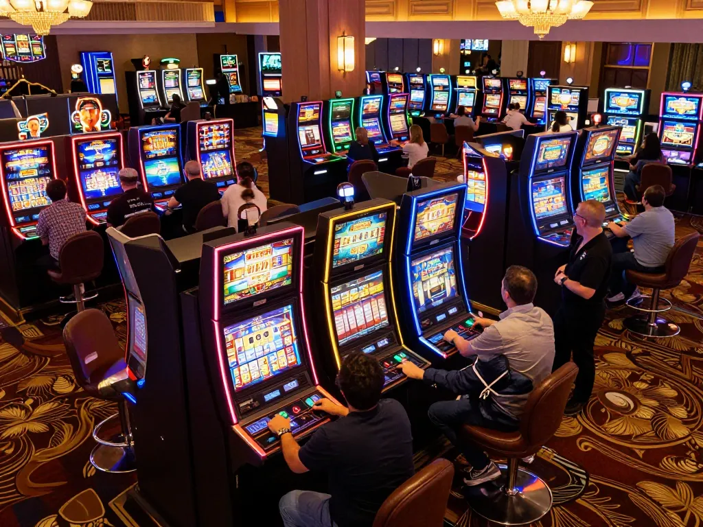 Players enjoying thrilling slot machines at NOHU casino in a lively gaming atmosphere.