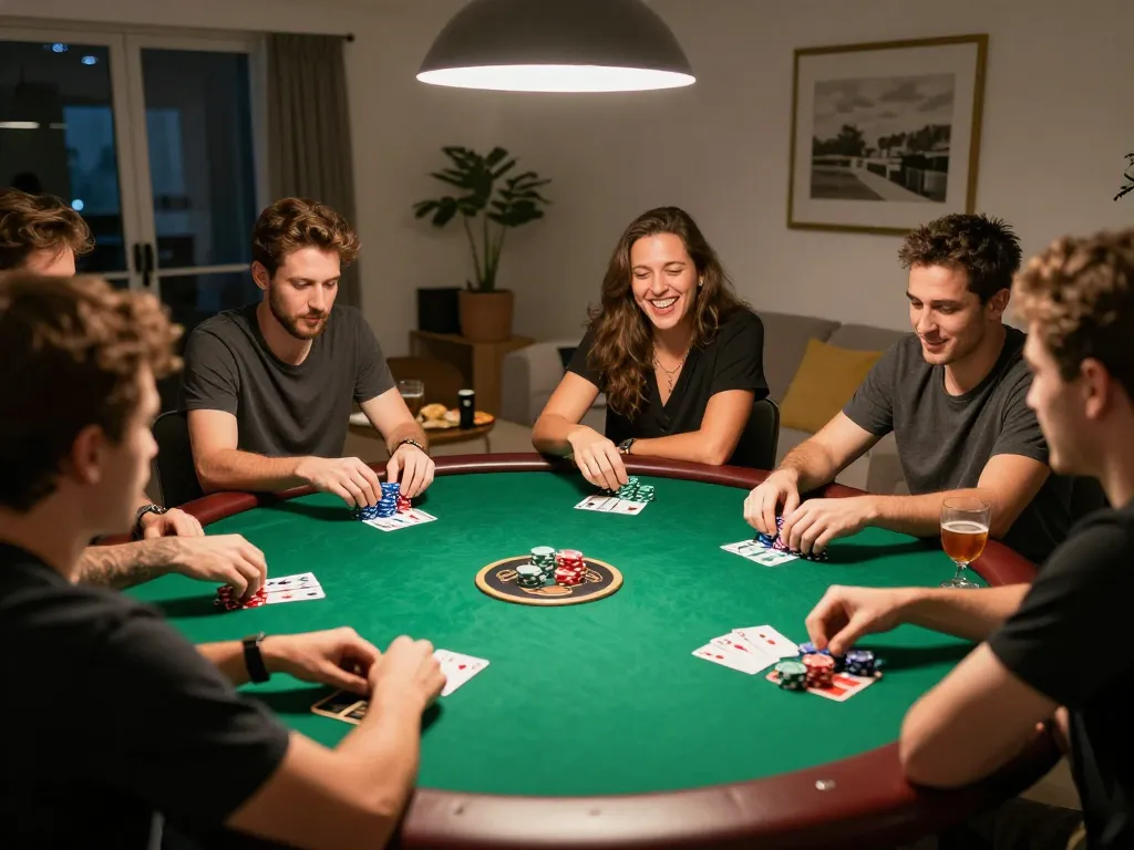 AE888 players cheering at winning hands during a lively home poker game night