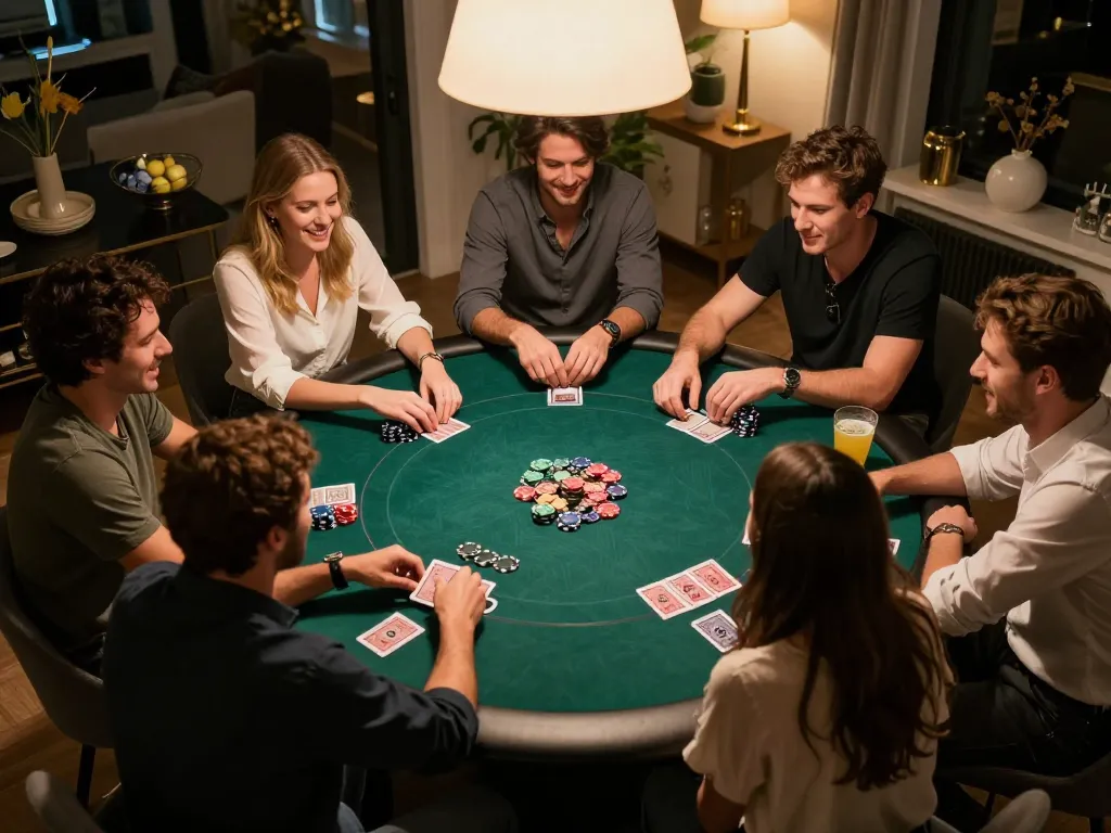 B52Club poker players enjoying a lively home game night with chips and drinks.