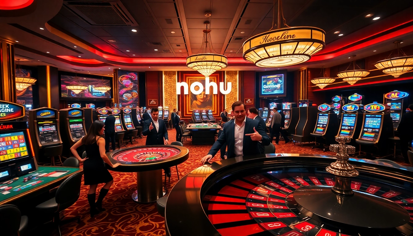 Nohu-themed casino scene showcasing gamblers celebrating wins at high-stakes poker tables with vibrant décor.