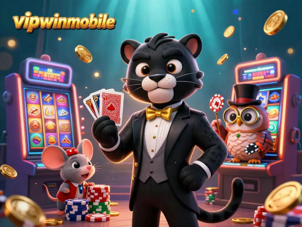 Experience vipwinmobile casino excitement with stylish characters and colorful slot machines in a dynamic 3D illustration.