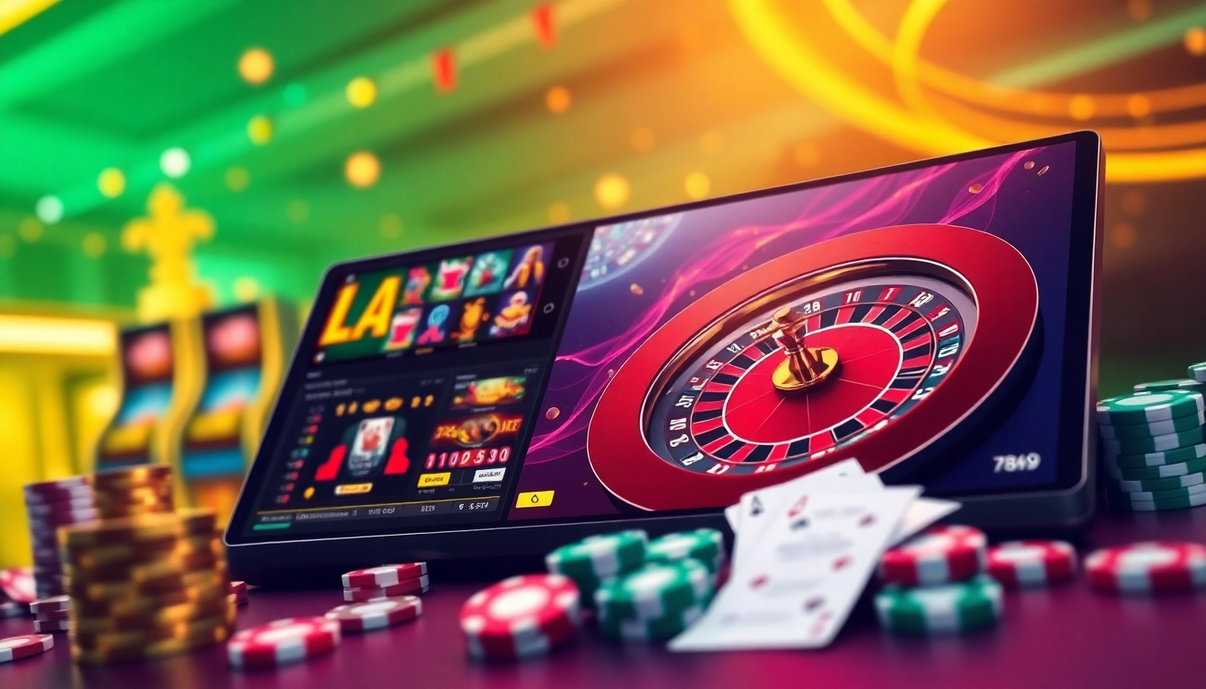 Experience the excitement of 789winn with a vibrant online casino scene featuring poker tables and slot machines.