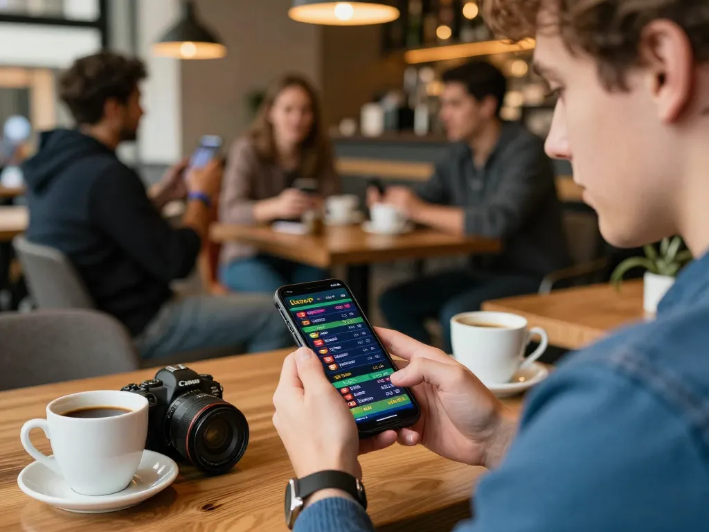 SAY88 sports betting scene with a user focused on live betting odds on smartphone in a vibrant cafe