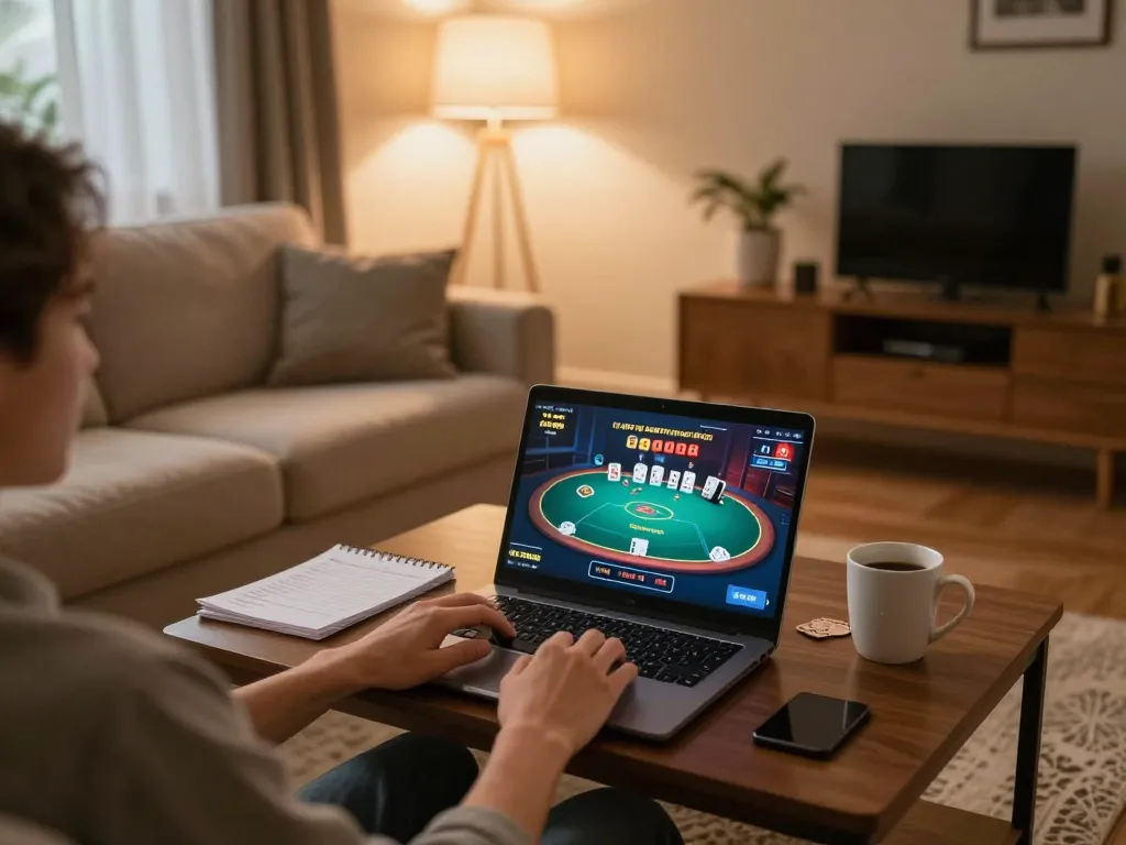 Person playing online poker at home with alo8 on screen in a cozy atmosphere.