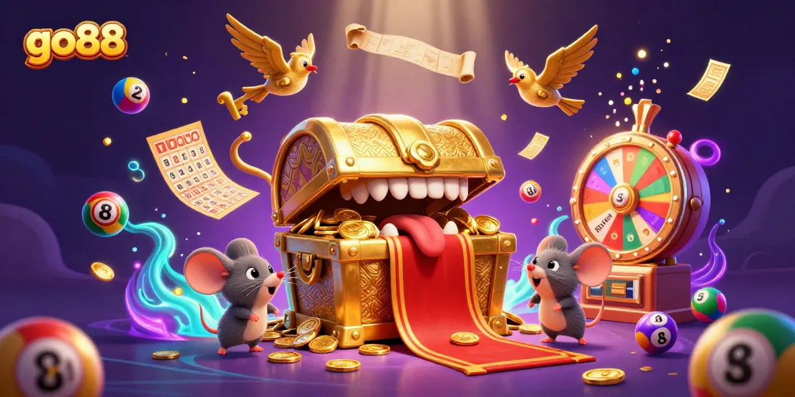 Engage with go88 as adventurer mice are lured by treasures and lottery excitement in a vibrant casino scene.