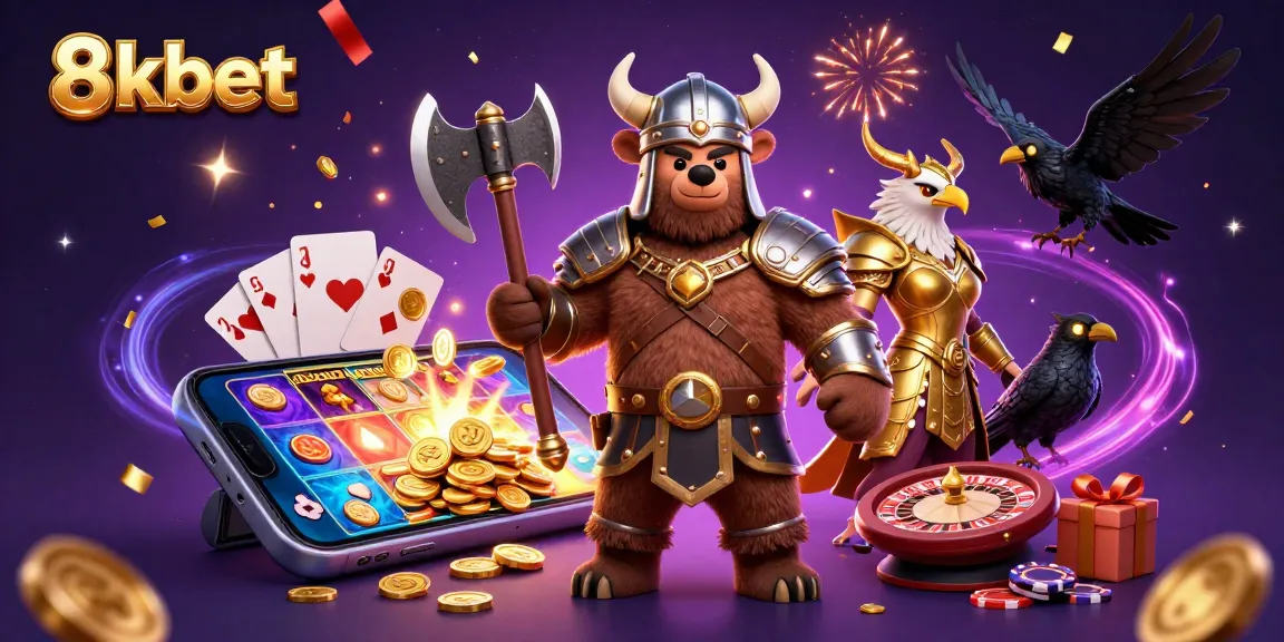 Experience thrilling gaming action with 8xbet in a vibrant 3D casino illustration showcasing dynamic characters and slot games.