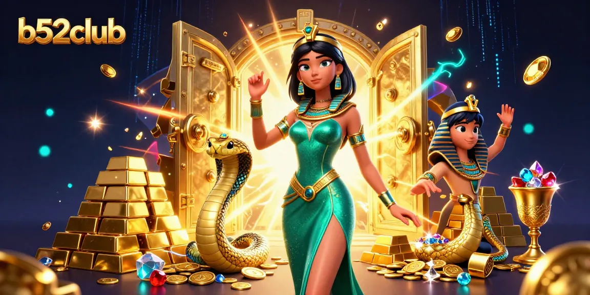 Bets at B52Club surround stunning woman in emerald gown with gold accents, amidst treasure.