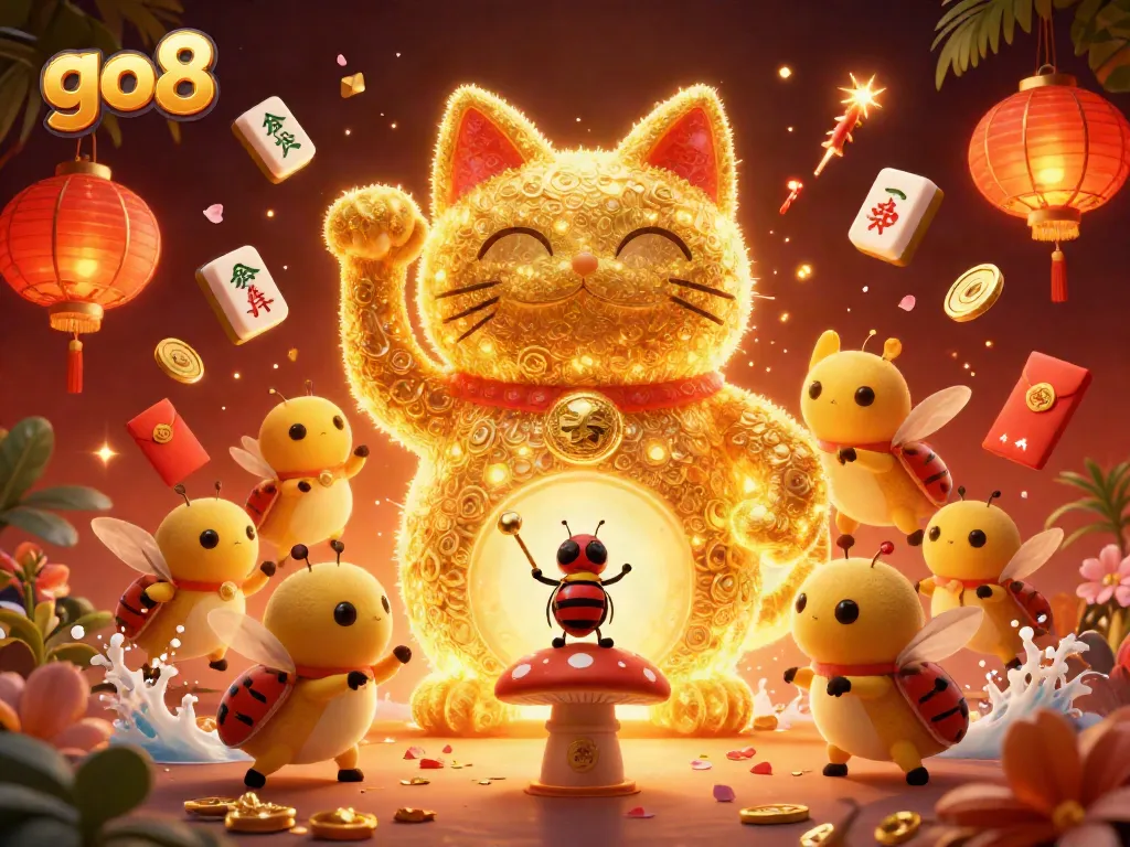 Experience the vibrant go8 casino adventure, featuring a lucky cat and dynamic gaming elements in a lively 3D scene.