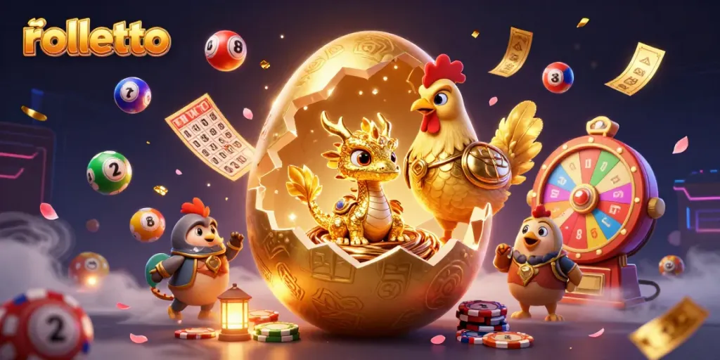 Engage with rolletto in a vibrant casino scene with golden dragon and overflowing games.