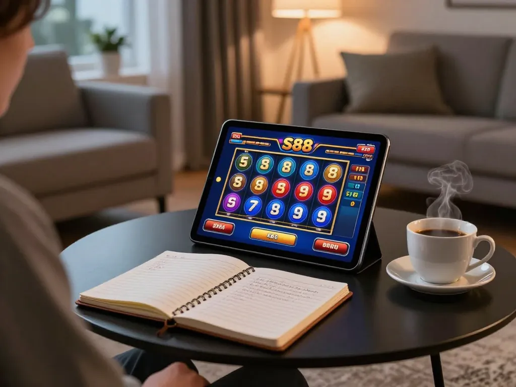 Playing S88 slot games on a tablet in a cozy home setup with warm ambient lighting.