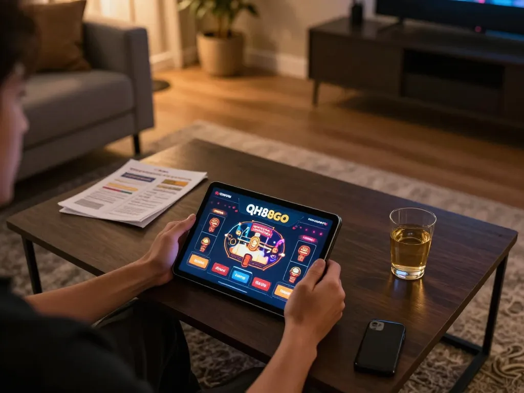 Player enjoying an online gaming experience with QH88go on tablet in a cozy living room