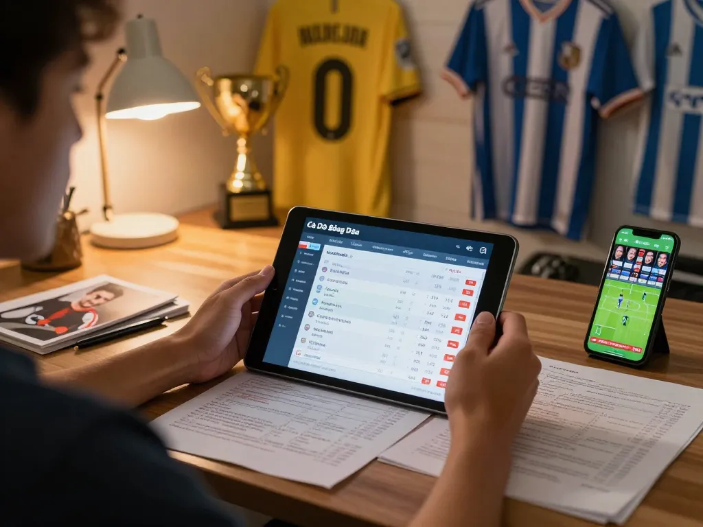 Cá Độ Bóng Đá betting setup at home with tablet displaying sports odds and strategies.