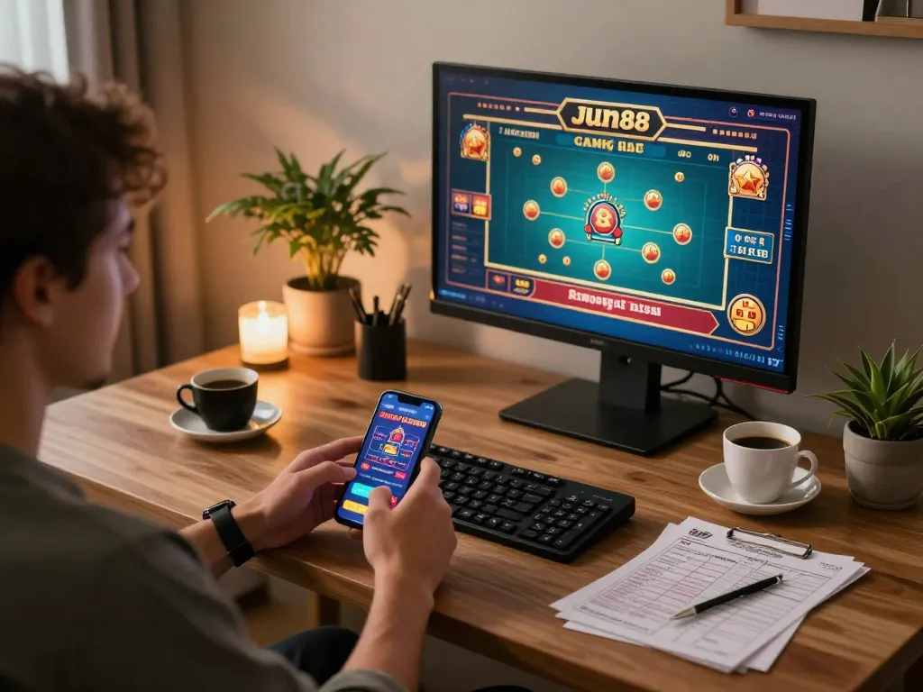 Engaging with Jun88 app on smartphone in a cozy home gaming setup, showcasing responsible gambling.