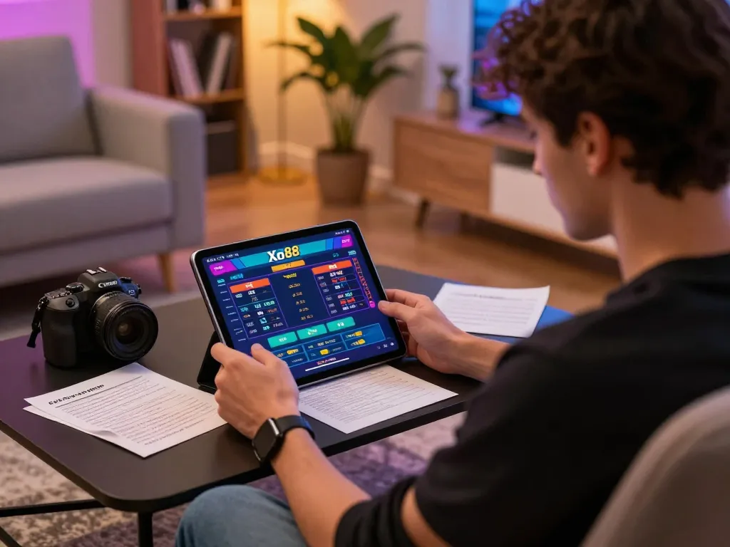 Cá cược Xo88 user engaged in online betting on a tablet in a cozy home setting with notes.