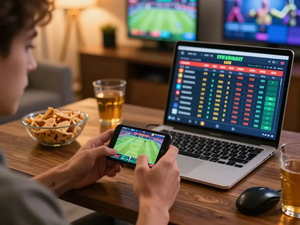 Player engaging with vin88 mobile betting app in a cozy sports setting with live odds displayed