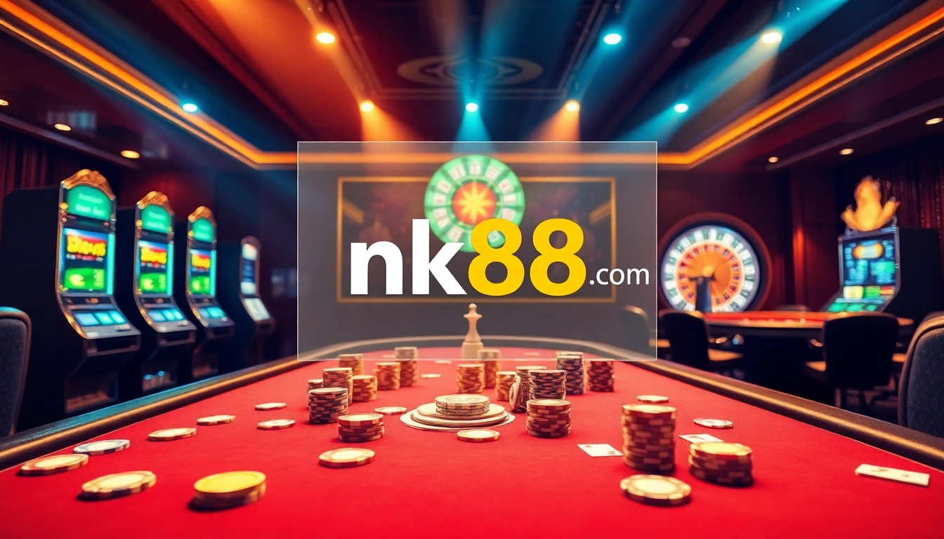 Experience thrilling gameplay at nk88 com with poker chips and vibrant slot machines.