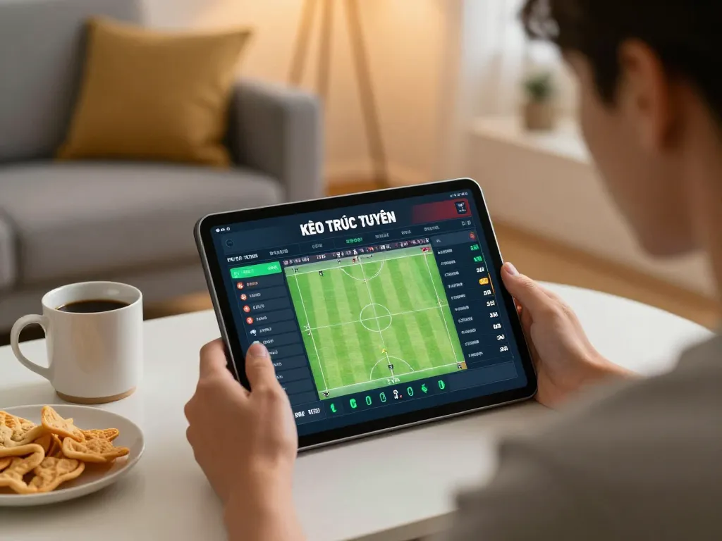 KÈO TRỰC TUYẾN displayed on a tablet during an intense sports betting session at home.