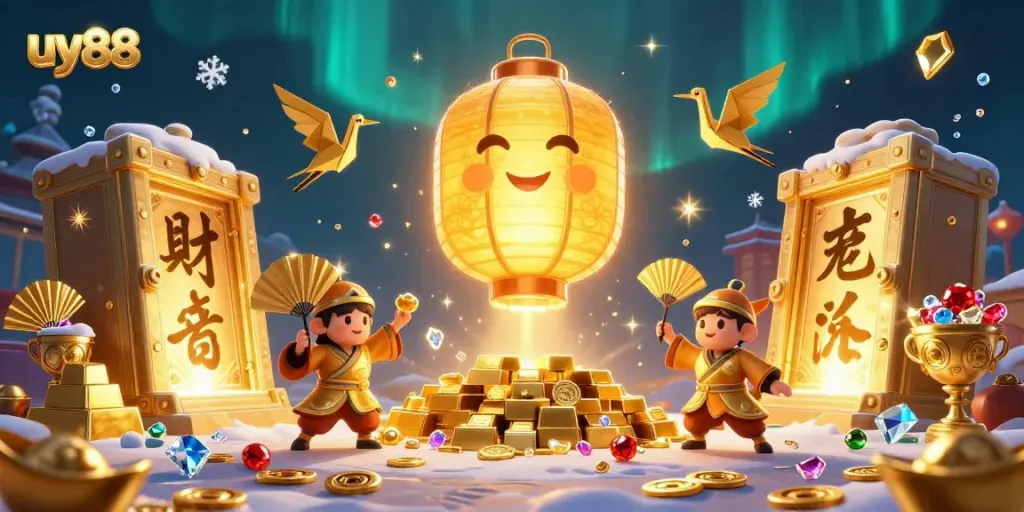 Experience the excitement of uy88 with a vibrant casino scene featuring a giant golden lantern spirit.
