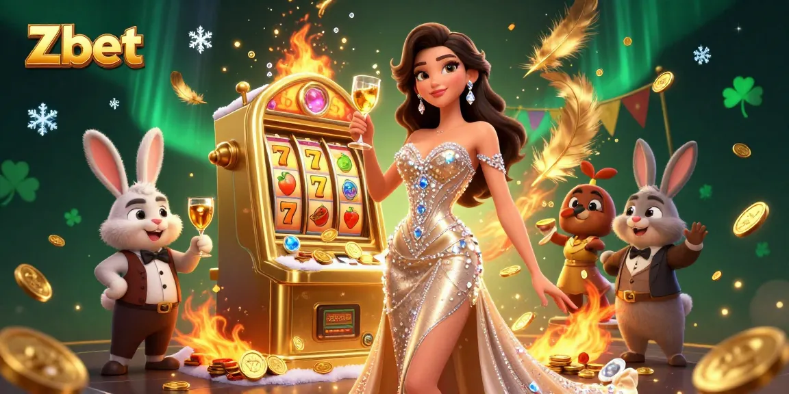 Zbet jackpot celebration with a glamorous woman, golden slot machine, and a bunny croupier.