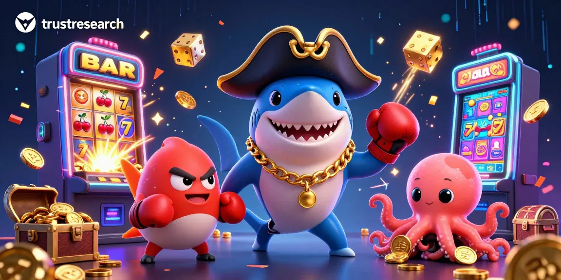 Engage with trustresearch's dynamic casino scene featuring cartoon characters amidst slot machines and coins.