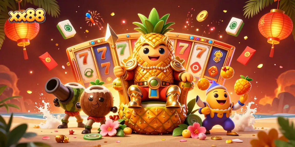 Experience thrilling gameplay at xx88 with a vibrant casino scene featuring a golden pineapple king and dynamic elements.