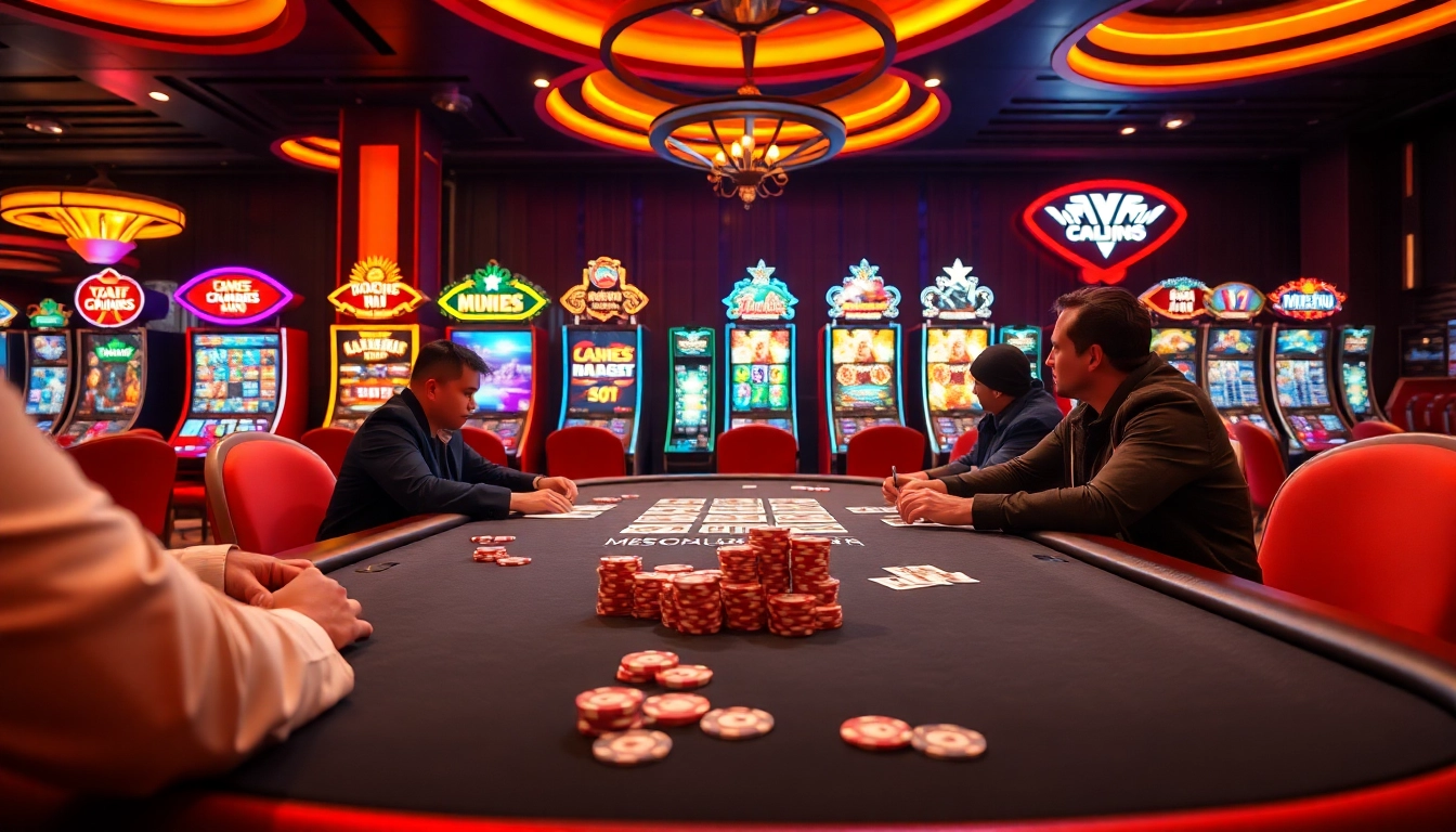 Experience thrilling gameplay at cm88 nhà cái with vibrant casino scenes featuring poker tables and slot machines.