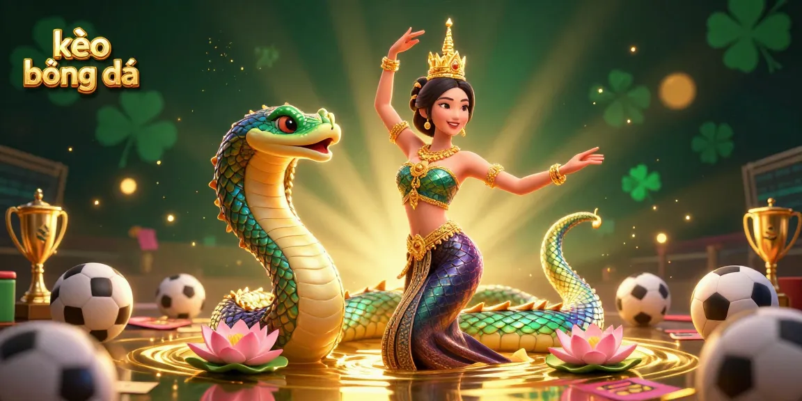 Bet on kèo bóng đá with a 3D Thai dancer, Naga serpent, and vibrant sports elements.