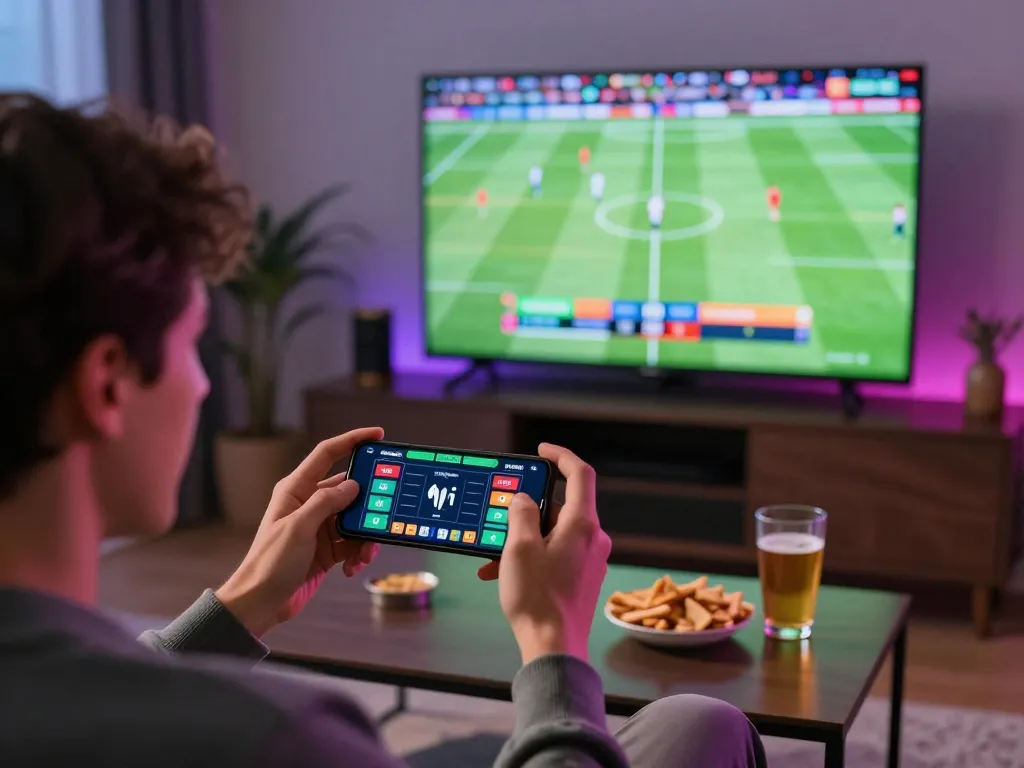 Engaging scene of a person using Bsport to place sports bets while watching a live match at home.