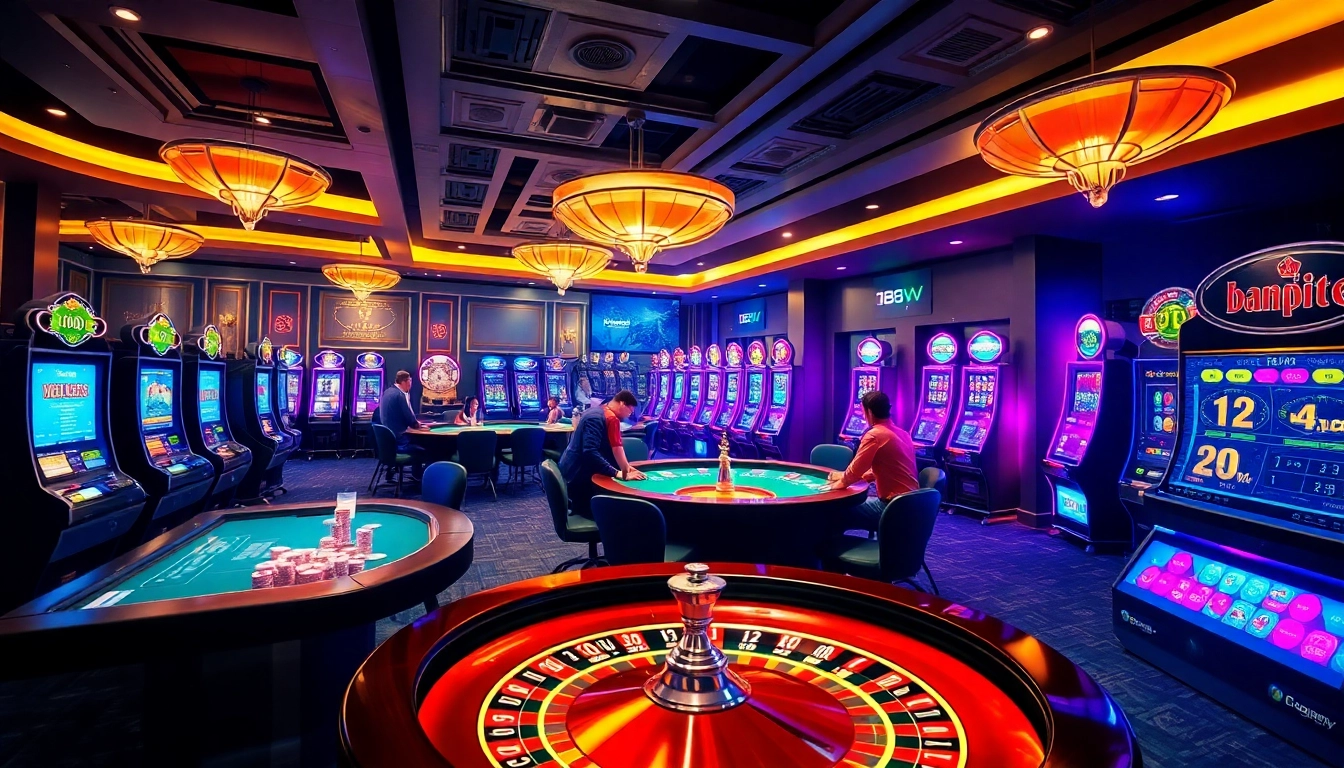 Experience the excitement of nhà cái 188V with a vibrant online gambling scene showcasing casino tables and slot machines.