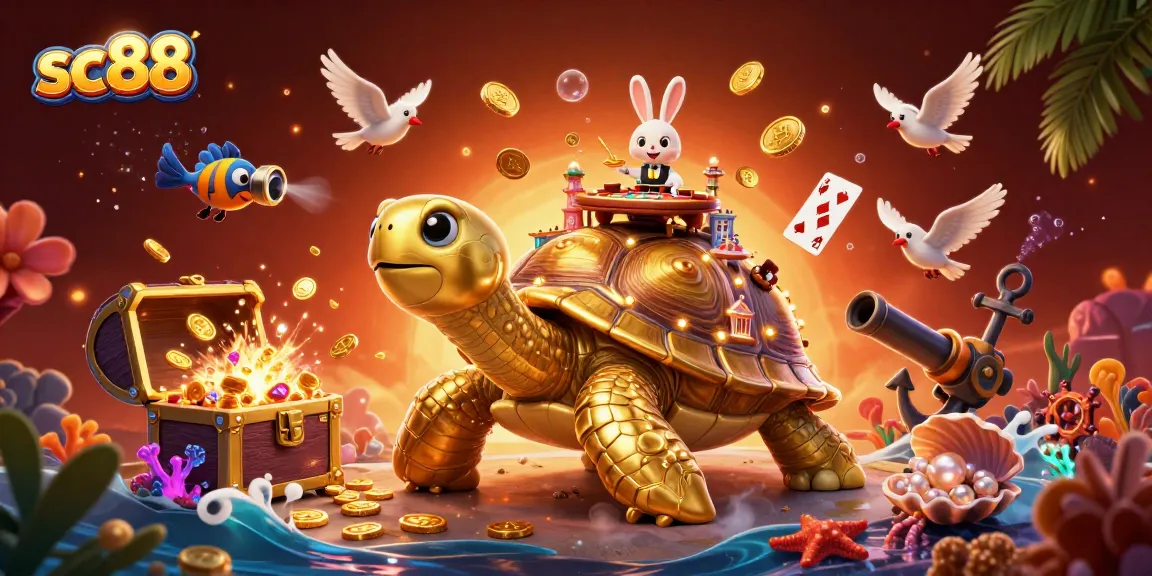 Experience exciting wins at SC88 with a vibrant casino scene featuring a golden tortoise and a rabbit dealer.