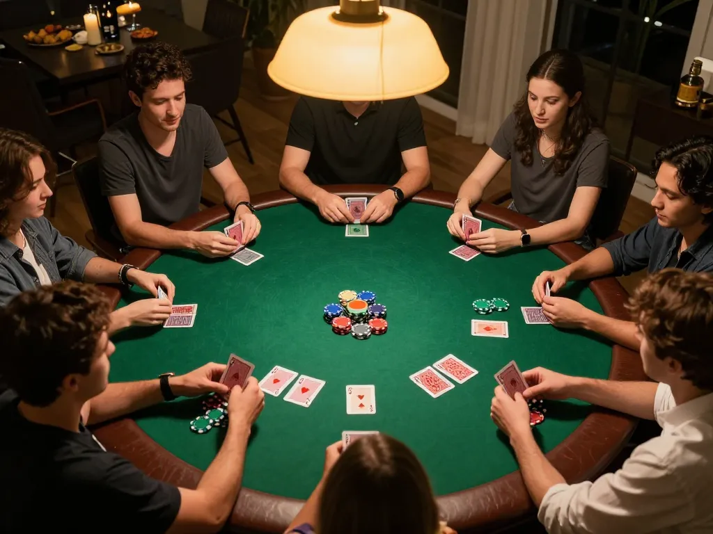 Engaged players enjoying poker at home with onbet com, showcasing strategic gameplay and social atmosphere