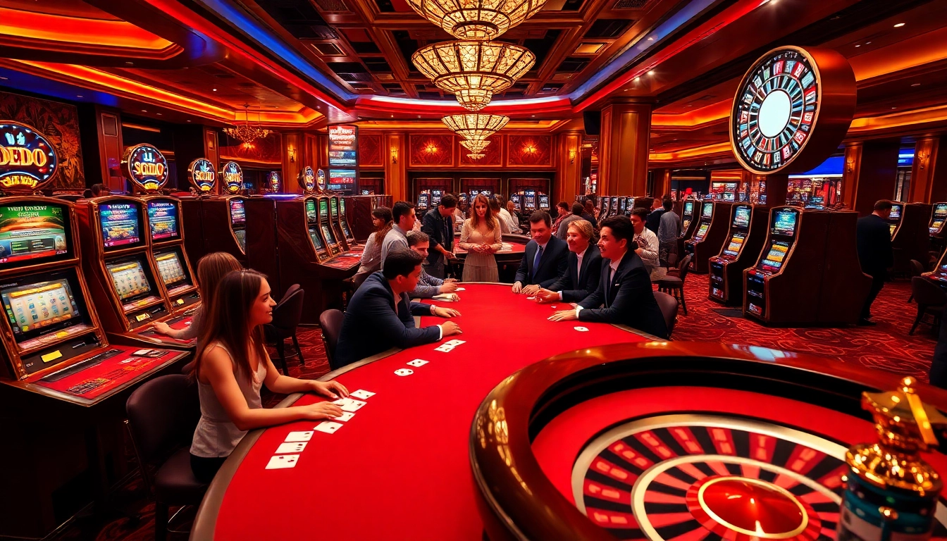 SODO-themed casino scene vibrant with casino tables, cards, and excited players gambling.