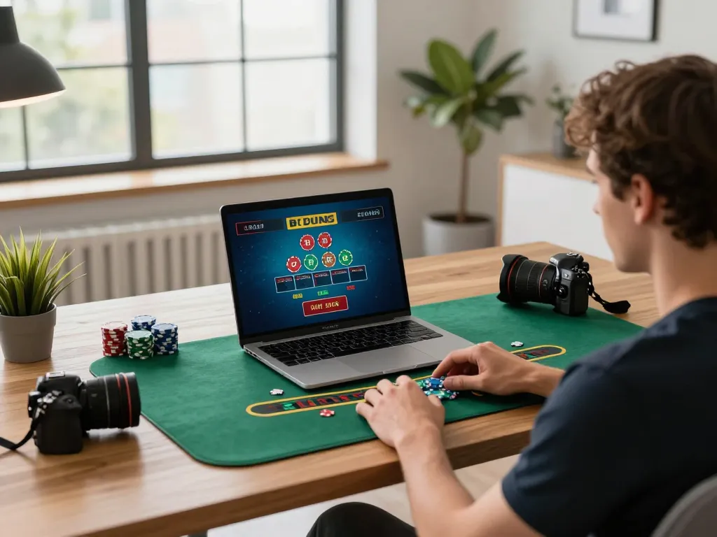 Engaging online blackjack gameplay at home with KJC 365 casino interface visible on the laptop screen.