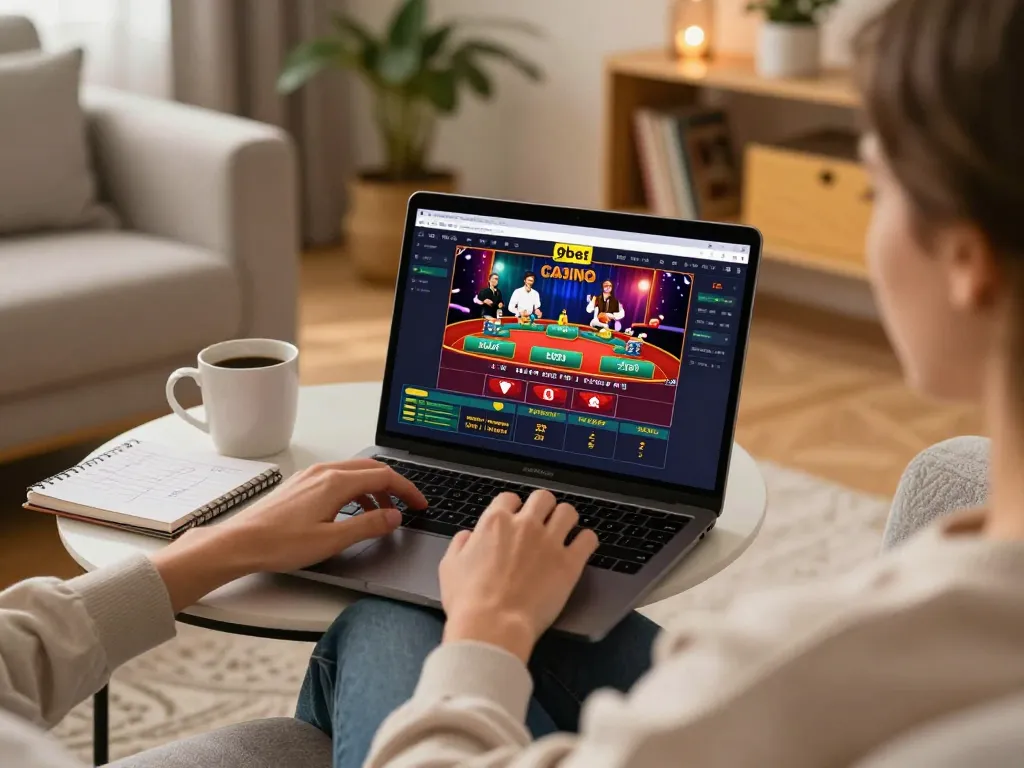 Engaging with the 9bet casino app at home, displaying live dealer action on a laptop
