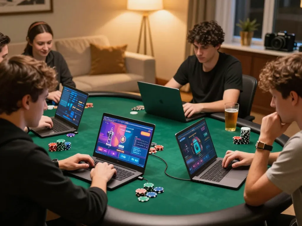 Cổng game Go88 players strategizing in an engaging online poker game, vibrant atmosphere and chips visible.