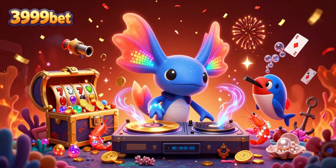 Experience vibrant gaming with 3999bet as axolotl DJ spins in an underwater casino.