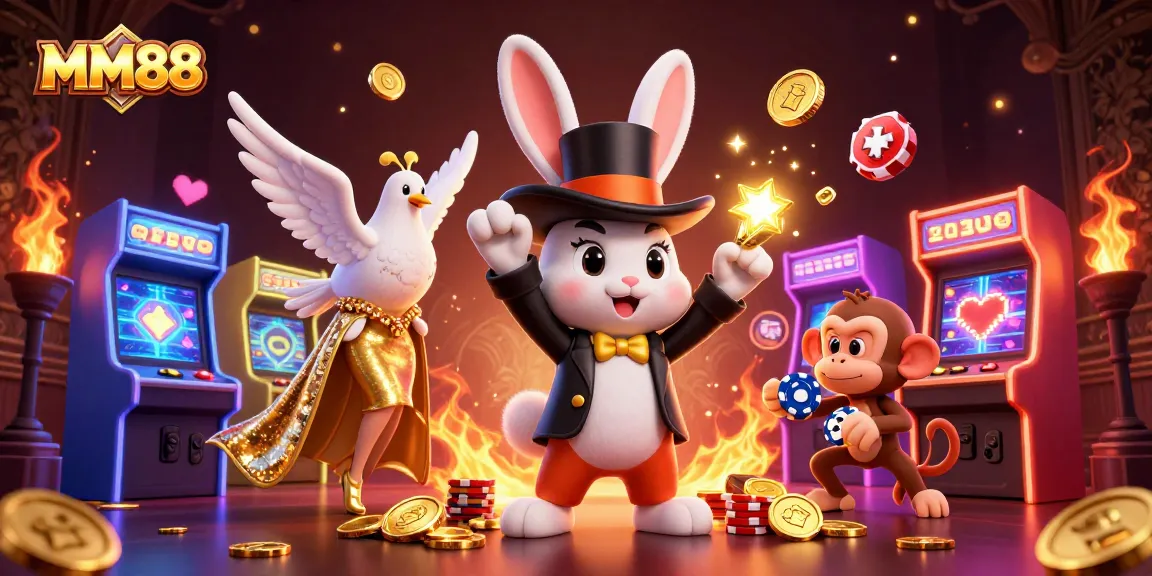 Watch how MM88 transforms gambling fun with a magician rabbit and monkey in a colorful casino scene.