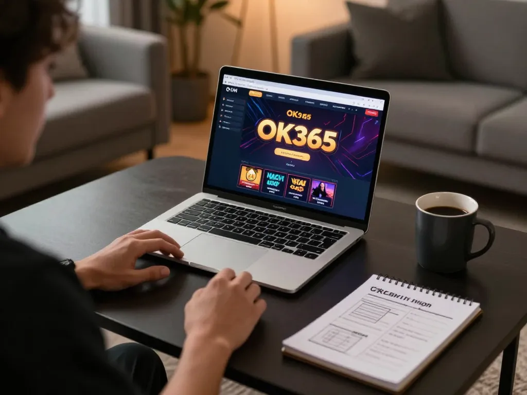 Player engaged in online gaming with ok365 com interface, showcasing a cozy home environment.