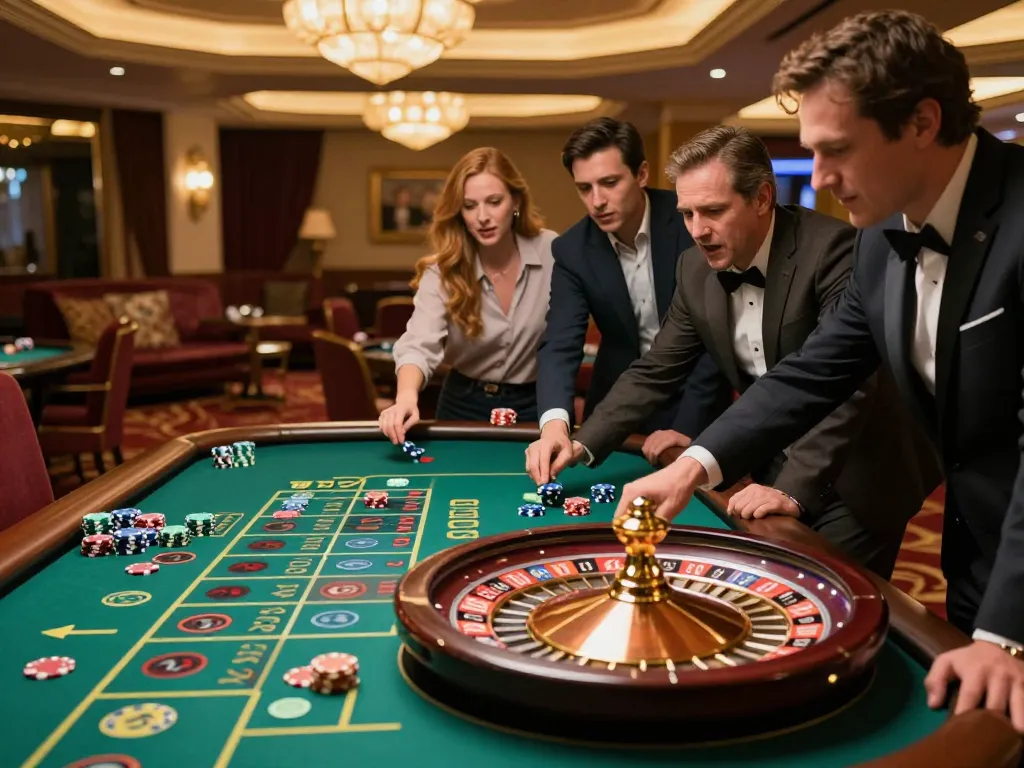 Usbet players enjoying an exciting roulette game in a luxurious casino environment, capturing the thrill of live betting.