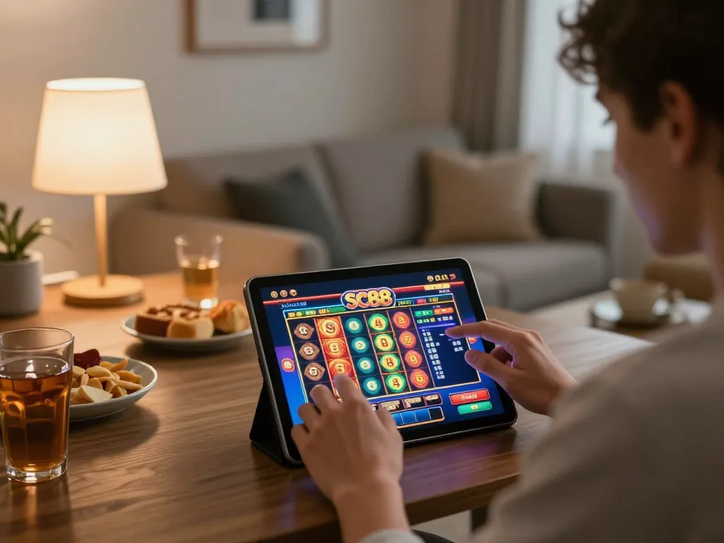 Player enjoying sc88 slot games on tablet in cozy home setting with snacks and drinks