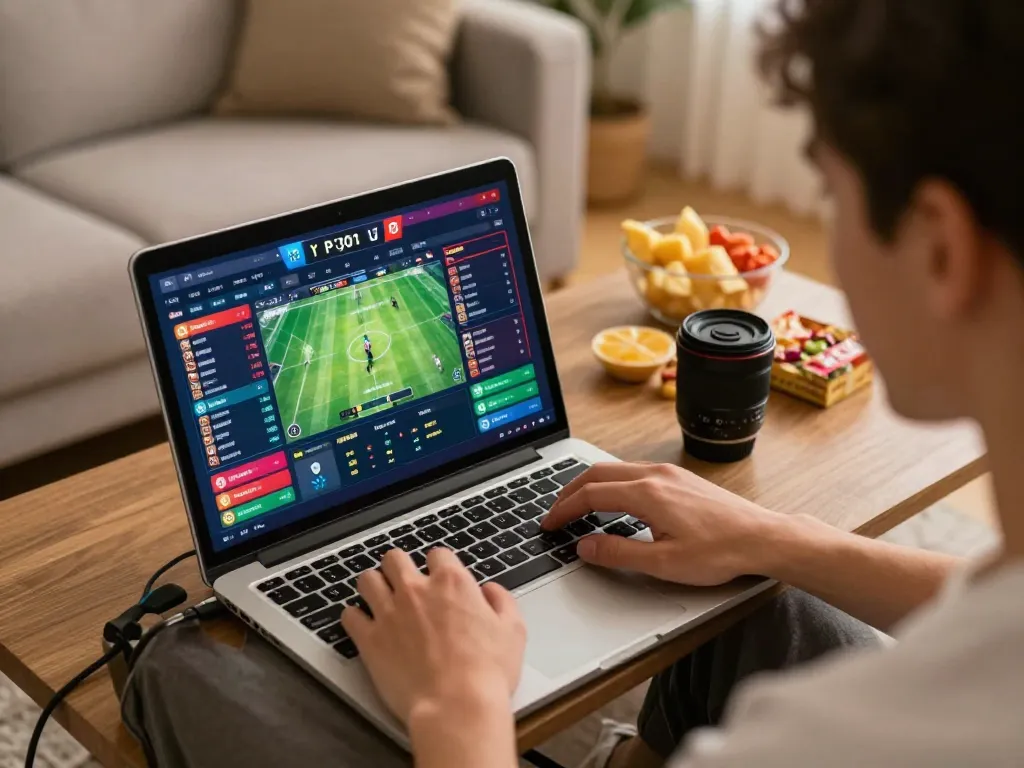 Player using shbet for thrilling sports betting at home with engaging interface on laptop.
