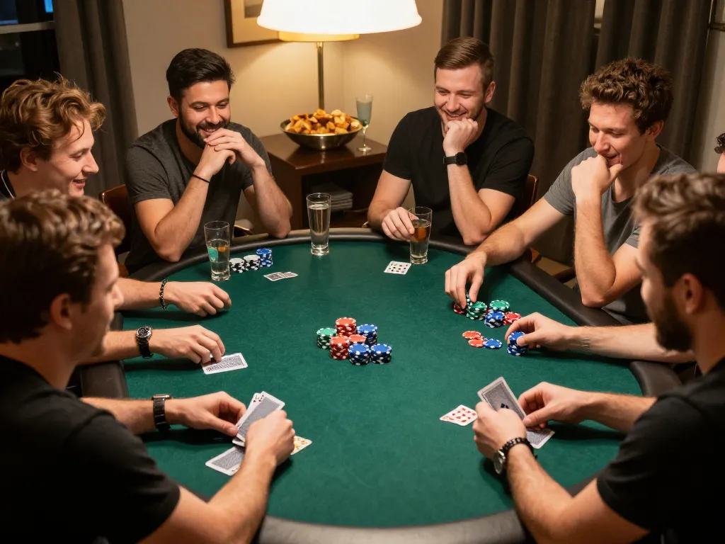 Friends enjoying a poker night at home, with vibrant poker chips and cards at https://www.atqvn.com/ in an inviting atmosphere.