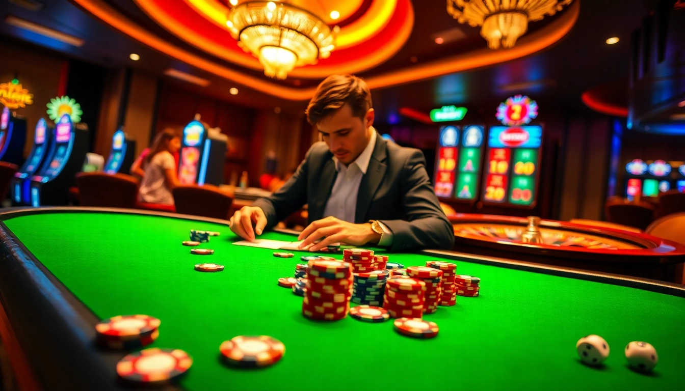 Experience thrilling gambling action with VU88 com's vibrant casino atmosphere featuring poker and roulette.